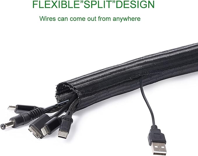 QCSIW 3/4" 25ft Expandable Braided Cable Sleeve Split Wire Loom Tubing – Pet-Proof Cord Protector for USB, Power Cords, Audio/Video Cables – Durable Wire Management Sleeving Black