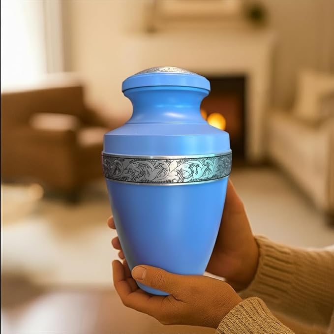 Modern Memorials Cremation Urn for Ashes - Large Urn for Man & Women - 200 Cubic Inches - Includes Velvet Storage Bag - Sky Blue with Silver Band