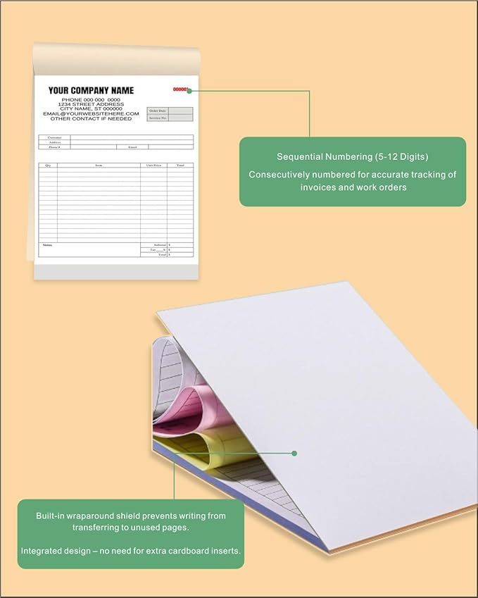 Custom Carbonless Invoice Book with Logo, Personalized Cover & Inner Pages, 2 Part NCR Receipt & Work Order Forms, Easy Tear, Writing Shield for Small Business (Upload Your Design, 8.3 x 5.5INCH)