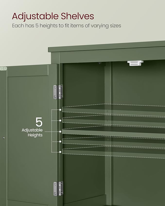 VASAGLE Floor Storage Cabinet, Freestanding Storage Unit with 4 Doors, Adjustable Shelves, 11.8 x 23.6 x 43.3 Inches, for Entryway, Bathroom, Forest Green UBBC552C01