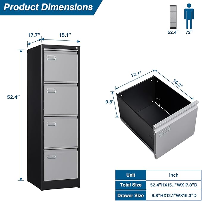 PEUKC 4 Drawer File Cabinet, Vertical Filing Cabinets with Lock, Metal File Cabinets for Home Office, Anti-Tip 4 Storage Drawers for Letter/Legal/A4/F4 Size (Assemble Required, Black)
