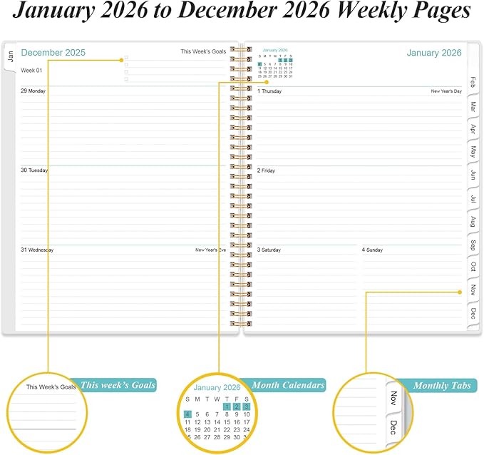 2026 Planner - Planner 2026 from January 2026 to December 2026 with 12 Monthly Tabs, Flexible Cover, Inner Pocket, 8.5" x 11", Green