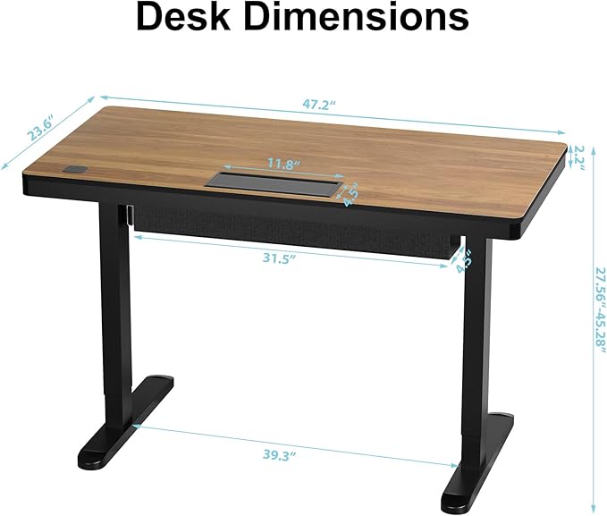 ERGO COLLECT Electric Standing Desk 48 Inch - One-Piece Desktop with Drawer, Cable Management, Wireless Charging & USB Port, Quiet Motor - for Home Office, Walnut