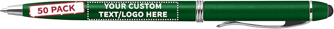 DISCOUNT PROMOS Custom Twist Action Plastic Stylus Pens, Set of 50, Personalized Bulk Pack - Pens for Work, Cool Pens for Writing, Black Ink - Green