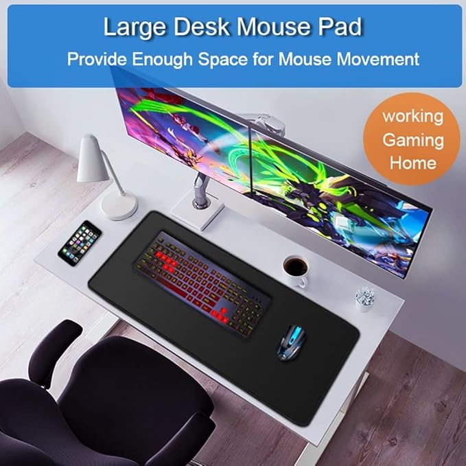 Large Extended Gaming Mouse Pad, Water Resist Non-Slip Mousepad Rubber Base Long Desk Mouse Pad with Stitched Edges, Computer Keyboard Mouse Mat for Gaming, Office & Home, 31.5 x 11.7 in, Black