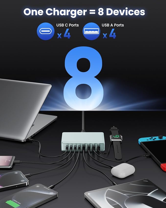 200W USB C Charger Block,GaN IV Charging Station 8 Ports,QC4.0 Fast Charging Station Hub+PD 65W USB C Laptop Charger Adapter Compatible with MacBook Air/Pro,DELL,iPhone 17/16,iPad,Steam Deck-Sky Blue