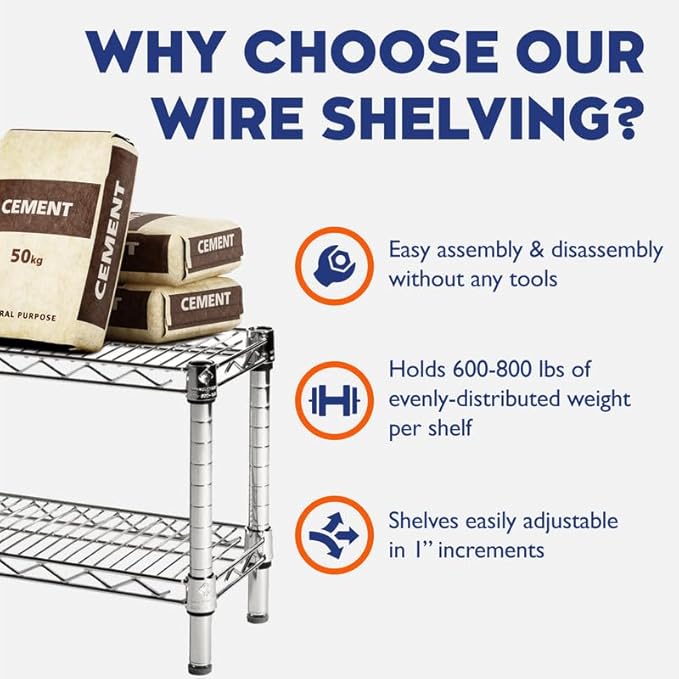 Shelving Inc. 8" d x 36" w Chrome Wire Shelving with 3 Tier Shelves, Weight Capacity 800lbs Per Shelf