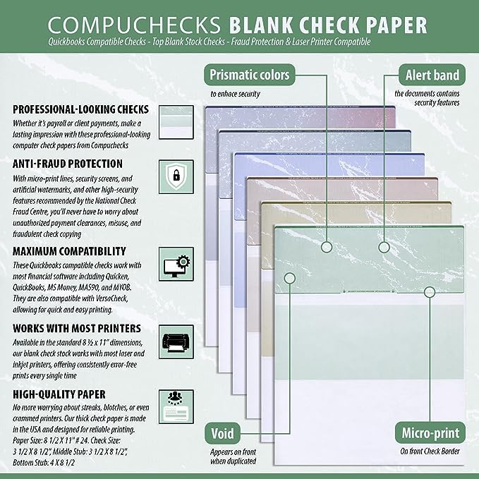 Compuchecks Check on Top Blank Check Paper - 100 Pack, Quick-Books & Laser Printer Compatible - Security Business Checks with Voucher - 8.5" x 11" Steel Blue Pinstripe