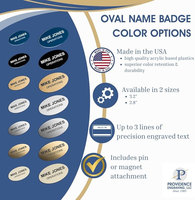 Custom Engraved Name Tag Badges – Personalized Identification with Pin or Magnetic Backing, 2.8 Inch Oval, European Gold/Black