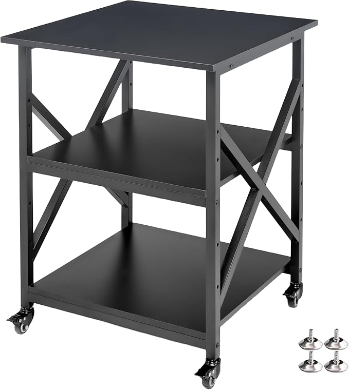 Fannova Printer Stand, 23.6 x 23.6 x 30.1 Inches Large Square Printer Table with Height Adjustable Storage Shelf, 3 Tier Rolling Printer Cart with Industrial Wheels for Home Office - Black