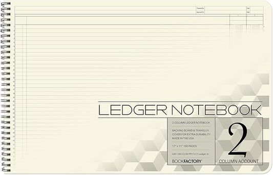 BookFactory Accounting Ledger Notebook/Large 2 Column Accounting Ledger Columnar (Two Columns) Log Book - 17'' x 11'', 100 Pages, Wire-O Landscape Format (Made in USA)