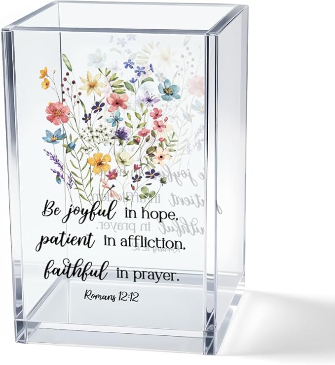 Vgrti Be Joyful in Hope, Patient in Affliction Romans 12:12 Acrylic Cosmetic Pencil Pen Holder Cup, Christian Verse Pen Holder Cup, Christian Gifts for Women Boss Friend Teacher