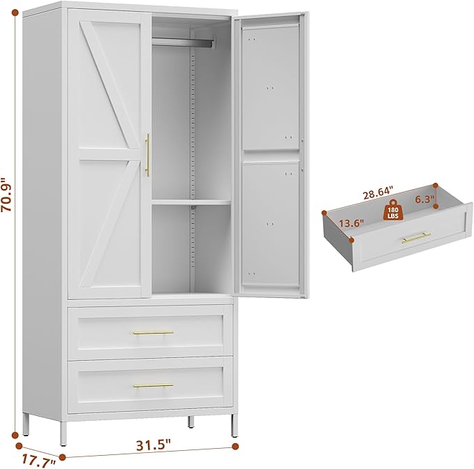 SUPEER Metal Wardrobe Cabinet with 2 Drawers and Hanging Rod, 70.9" H Metal Armoire Wardrobe Closet with Adjustable Shelf for Bedroom, Laundry Room, Home,Office,Installation Required,White