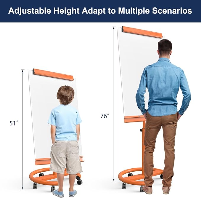 TSJ OFFICE Rolling Whiteboard Standing - 40 x 26 Inches Magnetic Mobile White Board with Stand, Height Adjustable Dry Erase Board on Wheels with Paper Clamp on Top, Orange