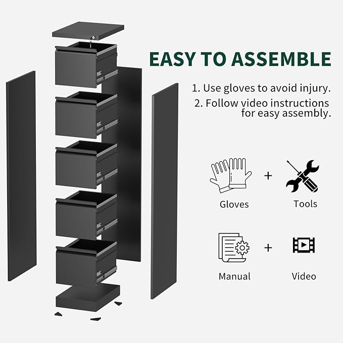 Yukimo 5 Drawer File Cabinet with Lock, Vertical Filing Cabinets for Home Office, Locking File Cabinet Hanging Files for A4/ Legal/Letter, Require Assembly, Black