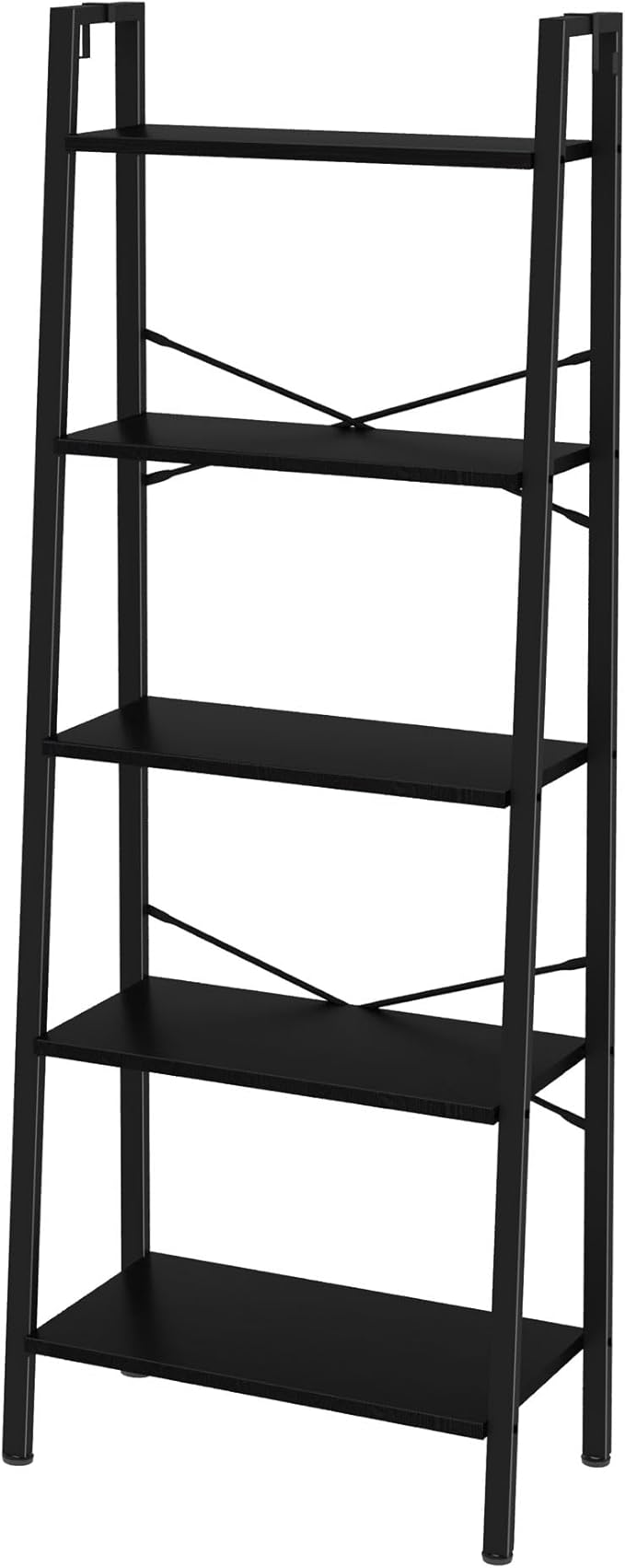 Hzuaneri Ladder Shelf, Bookshelf Bookcase, Freestanding Corner Storage Shelve with 2 Hooks for Home Office, Living Room, Kitchen, Bedroom, Industrial, 11.8" D x 23.6" W x 63" H, Black BC19304B