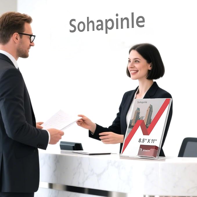 Acrylic Sign Holder 8.5 x 11 Inches with Business Card Holder Clear Plastic Brochure Flyer Display Stand Slanted Countertop Organizer for Pamphlets Magazines Booklets Menus, 4 Pack