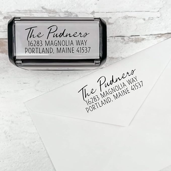 Self Inking Modern Address Stamps | Custom Return Address Stamper (Relaxed Script, Xtra Large)