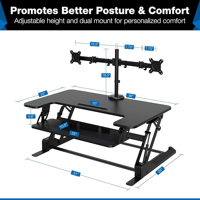 Mount-It! Standing Desk Converter Dual Monitor, 2 Screen Mounts Included, Height Adjustable Desk Riser in Black, Stand Up Desk Convertor Large 36" Wide, Sit Stand Convertor with Manual Lift Gas Spring
