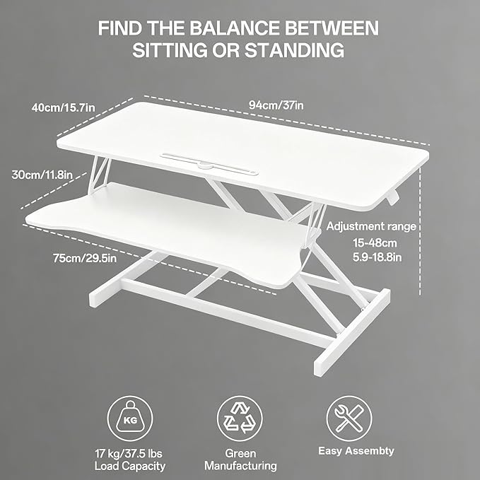 37 Inch Standing Desk Converter - Manual Pneumatic Spring, Two Monitor Stable Standing Desk Converter, 5.9" to 18.8" Height Adjustable Laptop Workstation with Keyboard Tray for Home, Company(White)