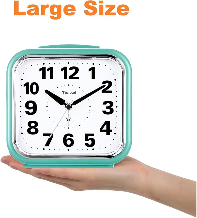 Tinload 5.5" Large No Ticking Analog Alarm Clock,Silent Readable for Seniors,Easy to Set,Gradual Rise Alarm,Big Numbers,Gentle Wake,Snooze, Lighted on Demand,Battery Operated,Green