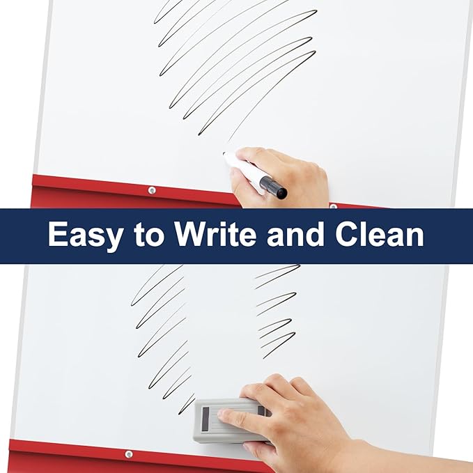 TSJ OFFICE Rolling Whiteboard Standing - 40 x 26 Inches Magnetic Mobile White Board with Stand, Height Adjustable Dry Erase Board on Wheels with Paper Clamp on Top, Red