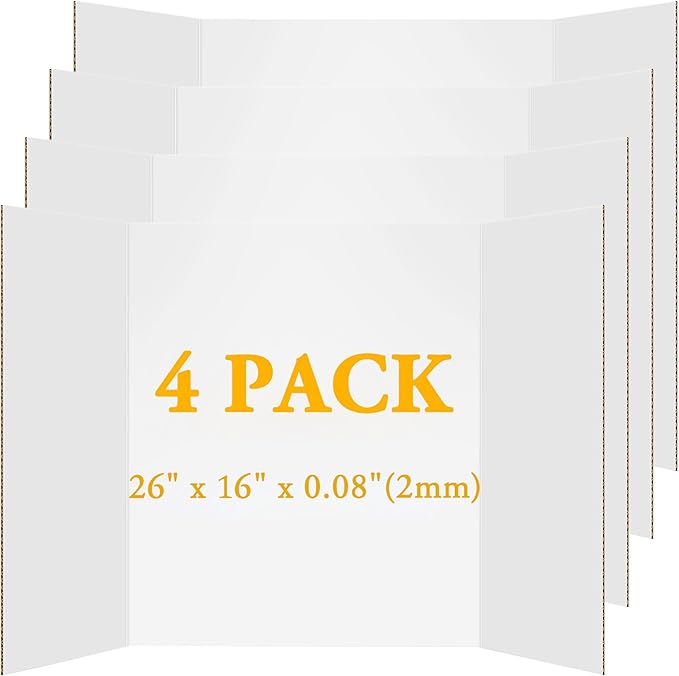 AKONEGE 4Pcs Medium Trifold Poster Board, 26 x 16 Inches White Tri Fold Poster Boards Corrugated Presentation Cardboards for Science Fair, School Projects, Exhibitions, and Business Presentations