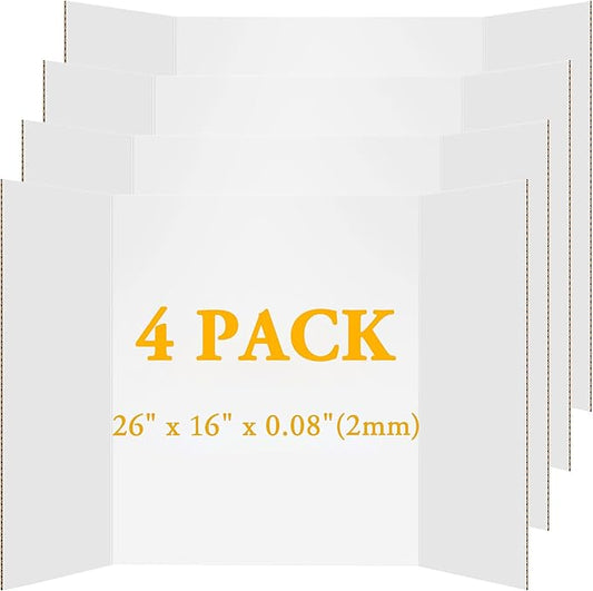 AKONEGE 4Pcs Medium Trifold Poster Board, 26 x 16 Inches White Tri Fold Poster Boards Corrugated Presentation Cardboards for Science Fair, School Projects, Exhibitions, and Business Presentations