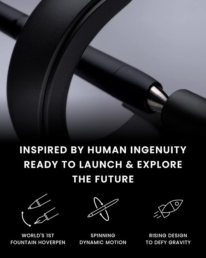novium Hoverpen Future - Luxury Fountain Pen, Schmidt Nib (Fine), Converter, Extra Refill, Futuristic Aesthetic, Aerospace Metal, Best Pen Gift Set for Men & Women (Deep Black)