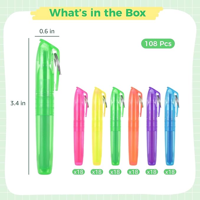 Skdqiee 108 Pieces Small Highlighters, Key Ringed Pocket Highlighter, Colorful Smooth Liquid Highlighters, Florescent Color Pens Ideal for Teachers Students Offices