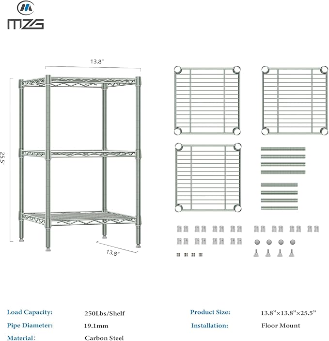 M MZG 750 lbs 3-Shelf Storage Shelves Wire Shelving Unit Standing Metal Rack for Small Places Narrow Wire Rack for Bathroom, Green 13.8 D x 13.8" W x 25.5" H