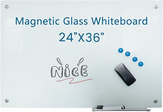 Glass Whiteboard 36"X24" Magnetic Dry Erase Board Frameless Wall Mounted White Board WritingBoard for Office School Home Accessory Tray, 3 Dry Erase Marker,4 Glass Board Magnets and 1 Magnetic Eraser
