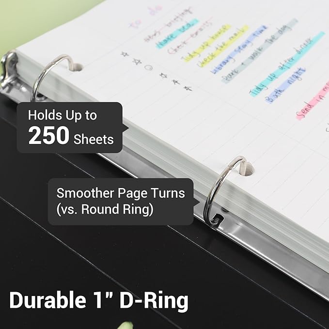 MUKAWA 1 Inch 3 Ring Binder, D-Ring Binder Holds 250 Sheets, PP Cover with Writable Spine Label, Lay-Flat Design, Letter Size 8.5x11, Lightweight for School, Office & Home Organization, 1 Pack, Black