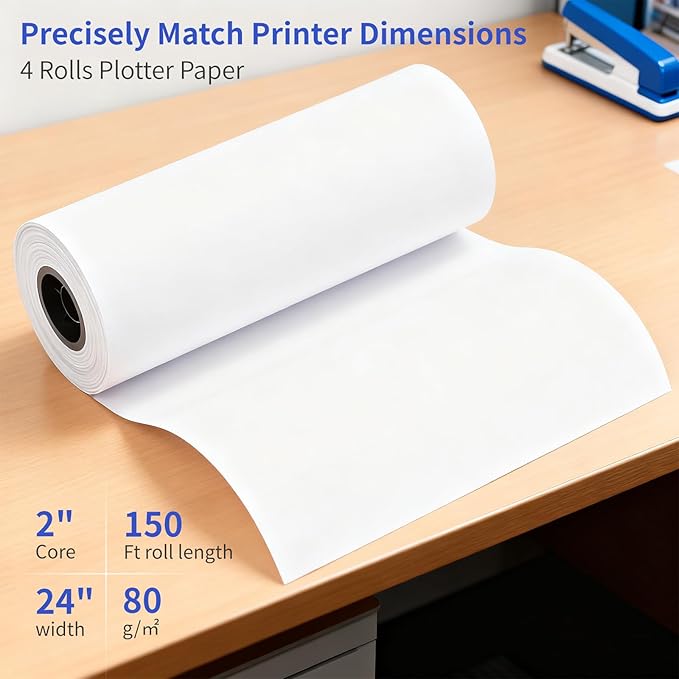 Wide Format Paper 24 In x 150 Ft,4 RollsPlotter Paper on 2" Core, CAD Bond Rolls for CAD Printing on Wide Format Ink Jet Printers,Choice for Engineering Plans, Architectural Designs and GIS Maps