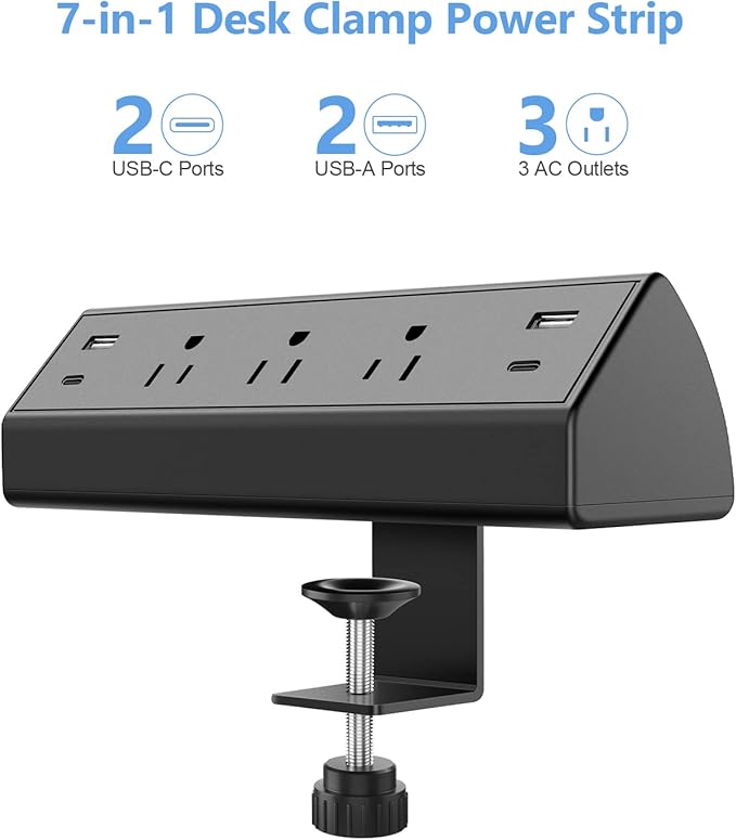Desk Clamp Power Strip,40W Fast Charging Station,Desktop Mount Surge Protector,2 PD 20W USB C Ports,3 Outlets for Home,Office,Fit 1.9" Tabletop Edge (Black, 3 Outlets & 4 USB Ports & 20 FT Cable)