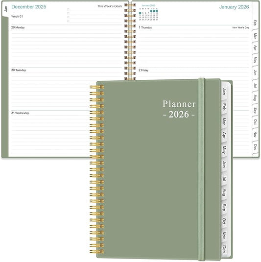 2026 Planner - Weekly Monthly Planner 2026 from January 2026 to December 2026 with 12 Monthly Tabs, Flexible Cover, Inner Pocket, 8.5" x 11", Green
