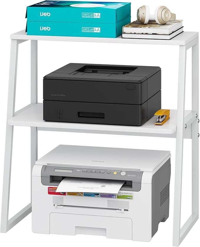 Arbuxzuy Printer Stand for Desk, Desktop Printer Shelf, 3 Tier Desk Shelf for top of Desk, Large Printer Stands Office Organization Shelves for Home Office Printer Fax Book, White