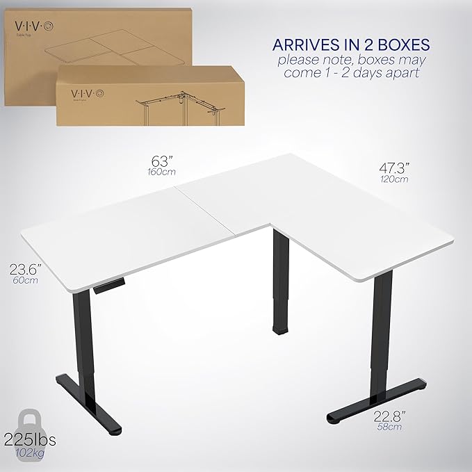 VIVO Electric Corner 63 x 47 inch L-Shaped Standing Desk, Memory Height Adjustment, White Top Black Frame, DESK-E3CTBW-47