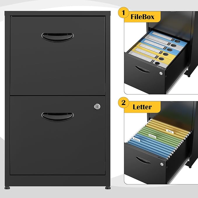 SteeLoong 2 Drawer File Cabinets,Metal Office File Cabinet with Lock,Black Filing Cabinets for Home Office,Vertical Modern File Cabinet Office Two Drawers for Hanging Letter,Assembly Required