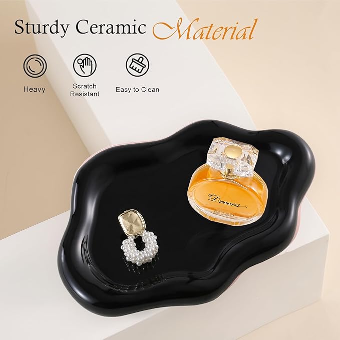 CCINPPY Ceramic Jewelry Tray Trinket Dish, Decorative Cloud Vanity Key Tray for Women, Ring Holder Dish, Cute Jewelry Plate Bowl Room Decor Aesthetic, Black, Large