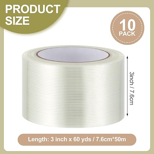 Treela 10 Rolls Filament Strapping Tape 3 Inch x 60 Yards Transparent Reinforced Fiberglass 5.5 Mil Heavy Duty Packing Shipping Tape for Sealing Binding Fixing