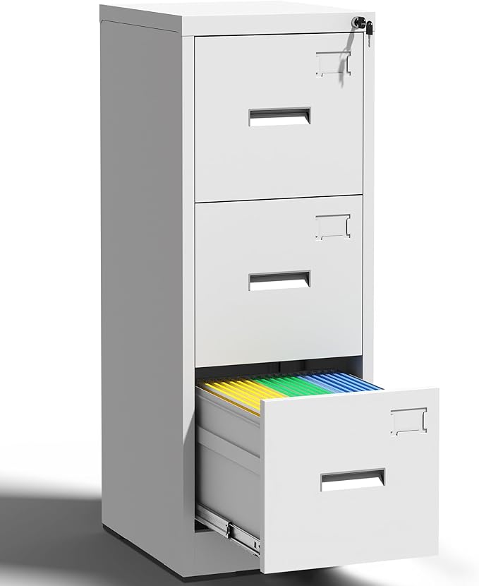 OPTYMIRA 3 Drawer Metal File Cabinet with Lock,White Steel Filing Cabinets Heavy Duty Locking Vertical File Cabinet Home Office Storage Cabinet for Legal/Letter Size File,Assembly Required