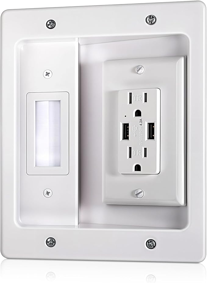 in Wall Cable Management Kit with Brush Wall Plate, AC Outlets & USB Ports, Recessed Outlet Box, for Walls Mount TV with Cable Management Box, in Walls TV Connection Kit for Home Theater Systems