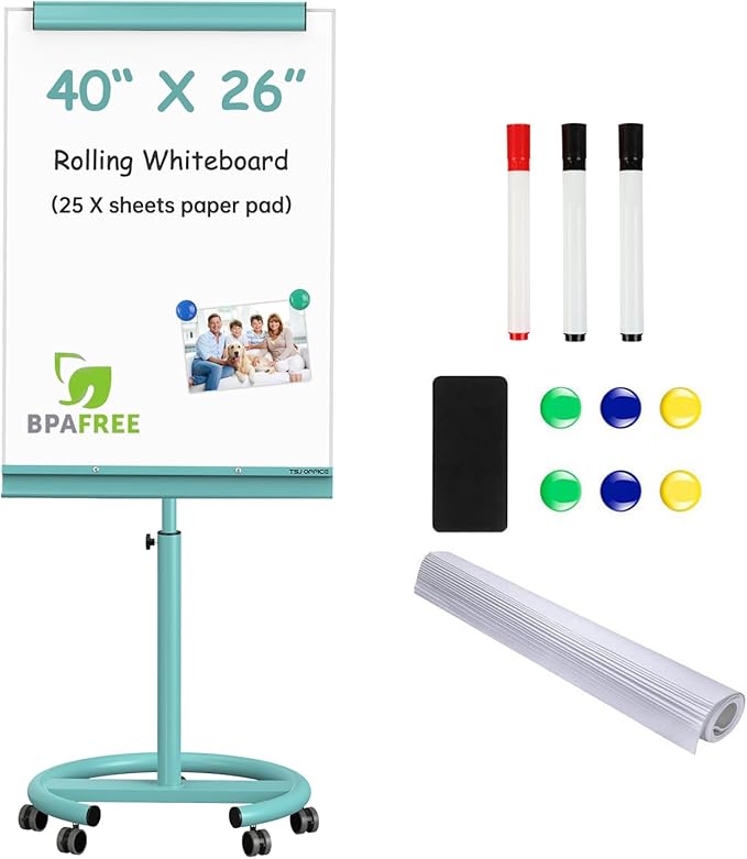 TSJ OFFICE Rolling Whiteboard Standing - 40 x 26 Inches Magnetic Mobile White Board with Stand, Height Adjustable Dry Erase Board on Wheels with Paper Clamp on Top, Light Blue