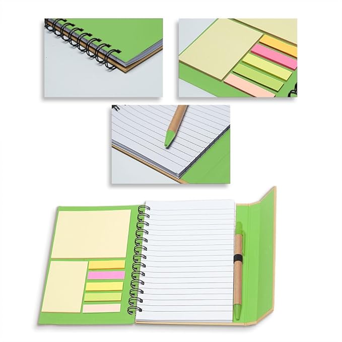 DISCOUNT PROMOS Eco Friendly Spiral Notebooks with Pens Set of 10, Bulk Pack - Perfect for School, Office, Home - Green