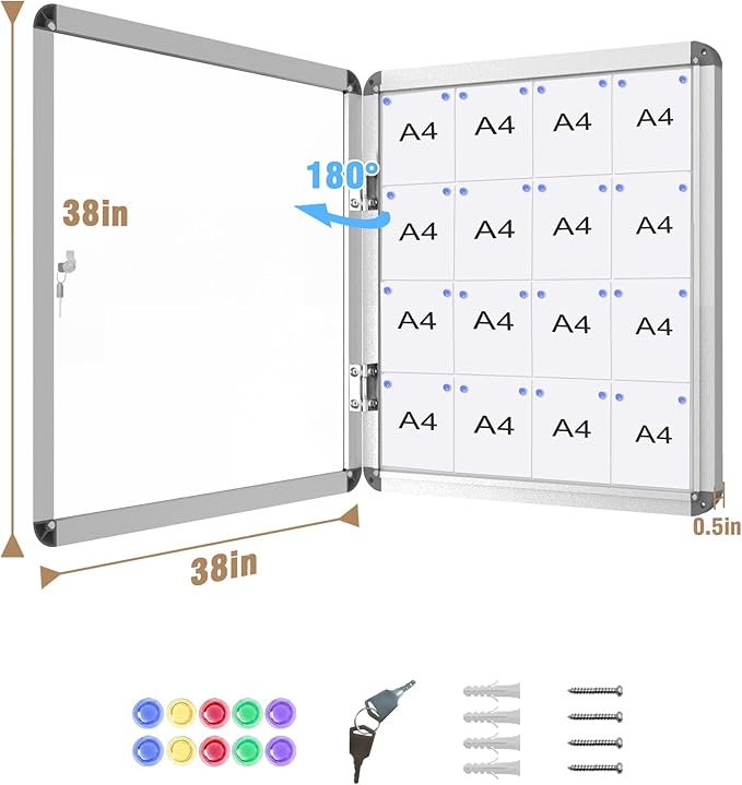 Mifuro 38"x38" Enclosed Bulletin Board, Lockable Weather-Resistant Aluminum Noticeboard for School & Office, Silver Frame w/Magentic Whiteboard