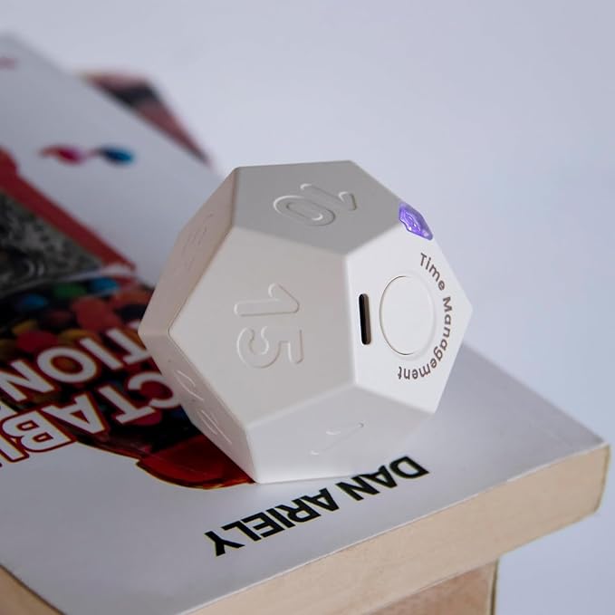 Mini 12 Sided Cube Timer, 11 Preset Times Pomodoro Timer for Enhanced Productivity. Ideal for ADHD Management, Workout, Study & Kitchen Cooking. Easy to Use（White）