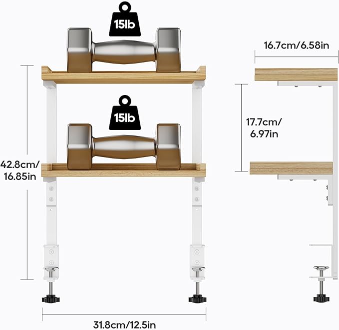 ART-GIFTREE Clamp On Desk Shelf 2-Tier, 12.5 inch Wood Shelving Unit for Office Desk/Gaming Accessories, Tabletop Book Storage Rack, Shelf for Top & Under of Desk, Natural