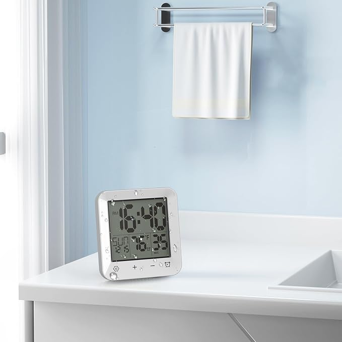 Wisoee Digital Shower Clock Waterproof, Bathroom Wall Clock Timer with Touch Screen, Temperature, LCD Display, Suction Cup Hanging Hole Stand for Kids and Adults