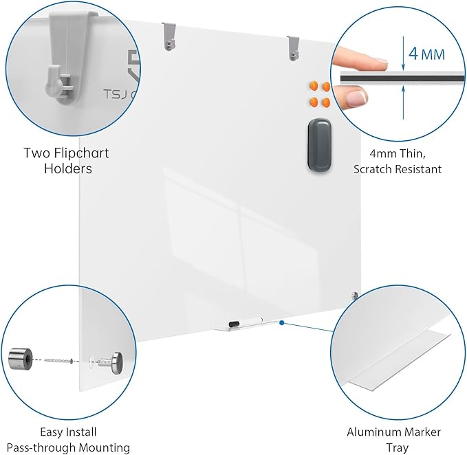 TSJ OFFICE Glass Dry-Erase Board - 48 x 32 Inches Brilliance White Magnetic Glass Whiteboard, Wall Mounted Large Frameless White Board for School, Home & Office
